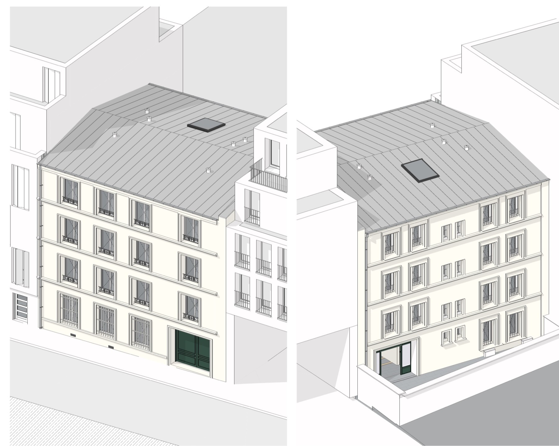 Vues axonométriques du projet, sur rue et sur cour
