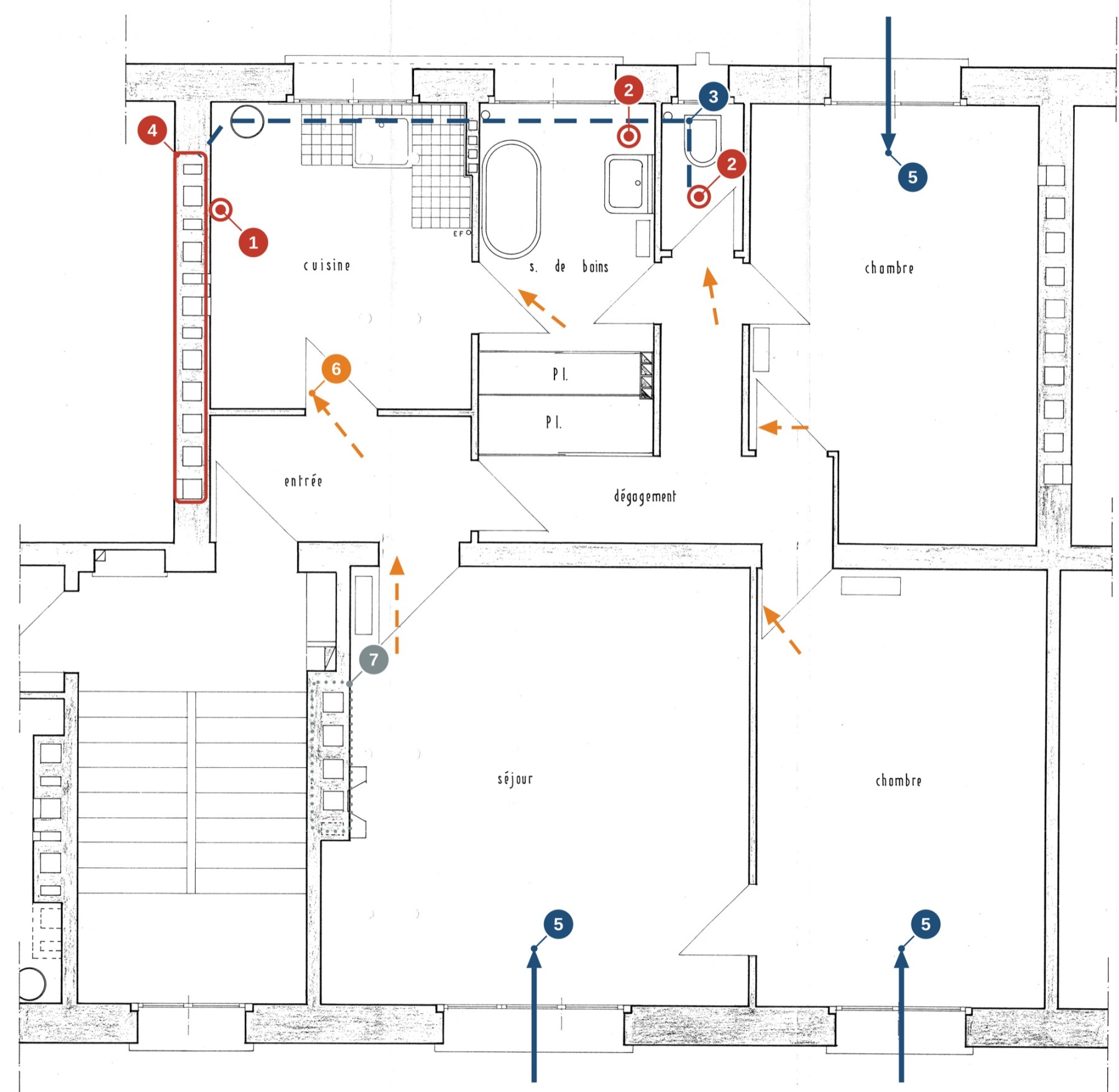 Principe de ventilation d'un logement, sur plan d'origine annoté